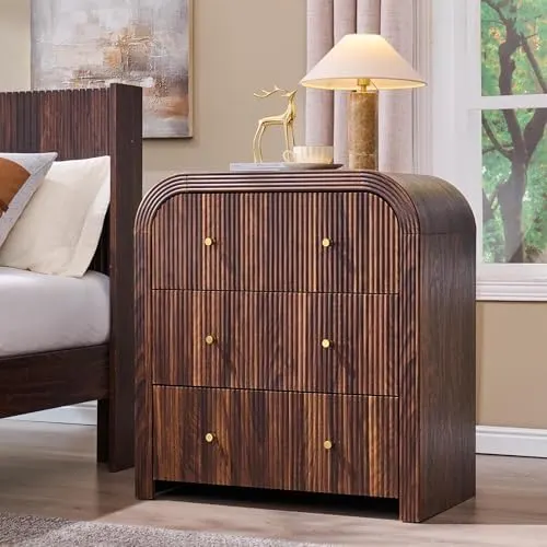 Fluted Nightstand Set of 2 with Charging, 24" in Dark Walnut