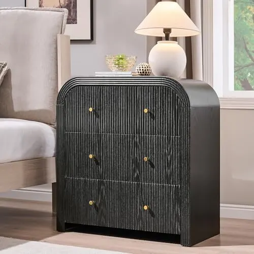 Fluted Nightstand Set of 2 with Charging, 24" in Black Oak