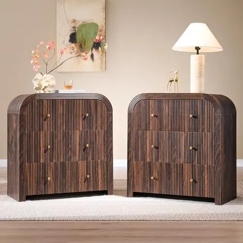 Fluted Nightstand Set of 2 with Charging, 24" in Dark Walnut