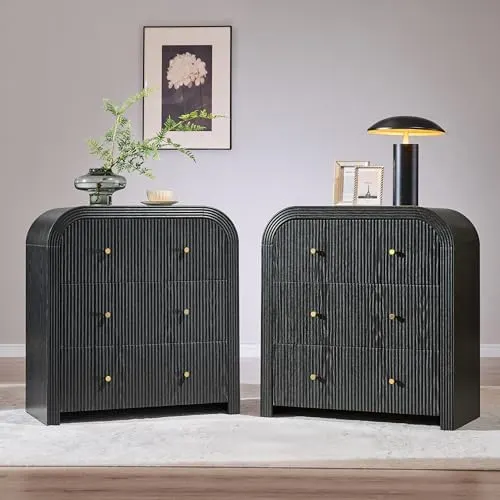 Fluted Nightstand Set of 2 with Charging, 24" in Black Oak