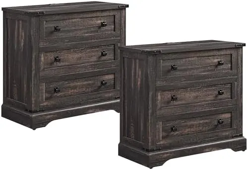 Farmhouse Nightstand with 3 Drawers, 32" in Dark Rustic Oak