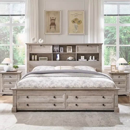 Farmhouse Bed with Shelf Headboard & Drawers in Light Rustic Oak