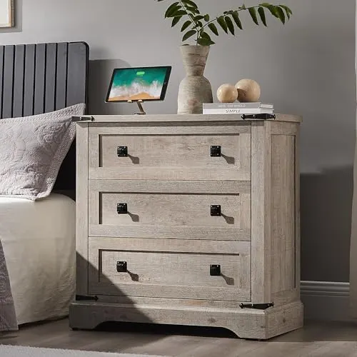 Farmhouse Nightstand with 3 Drawers, 32" in Light Rustic Oak