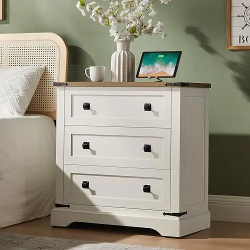 Farmhouse Nightstand with 3 Drawers, 32" in Antique White