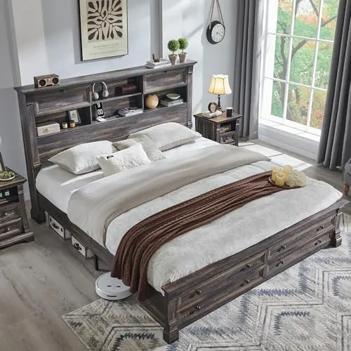 Farmhouse Bed with Bookcase Headboard in Dark Rustic Oak