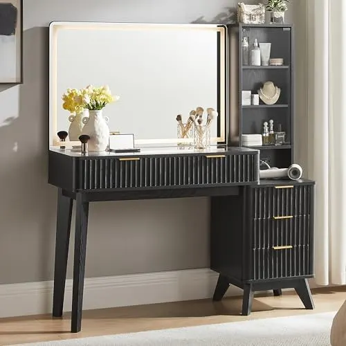 Fluted Vanity Desk with 36" Lighted Mirror in Black