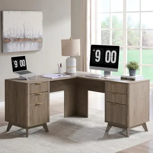 Modern Fluted L-Shaped Executive Desk, 60" in Alder Grey