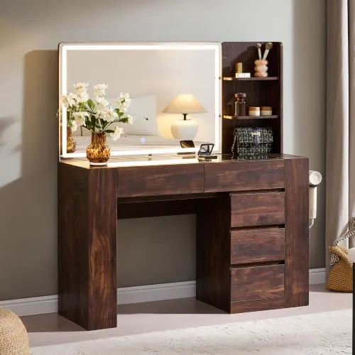 Modern Vanity Desk with Thickened Legs in Dark Walnut