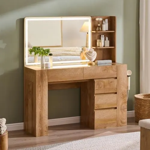 Modern Vanity Desk with Thickened Legs in Light Knotty Oak