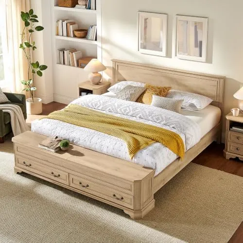 Farmhouse Bed with Storage Bench in Natural Oak