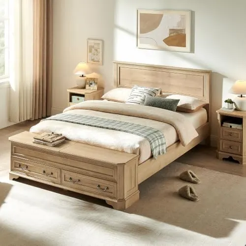 Farmhouse Bed with Storage Bench in Natural Oak