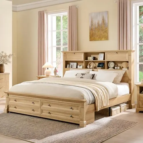 Farmhouse Bed with Shelf Headboard & Drawers in Oak