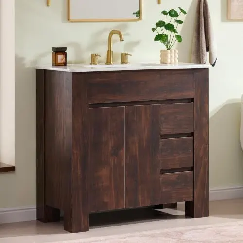 36" Handle-Free Bathroom Vanity in Walnut