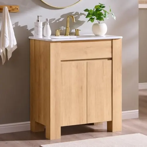30" Handle-Free Bathroom Vanity in Natural Oak