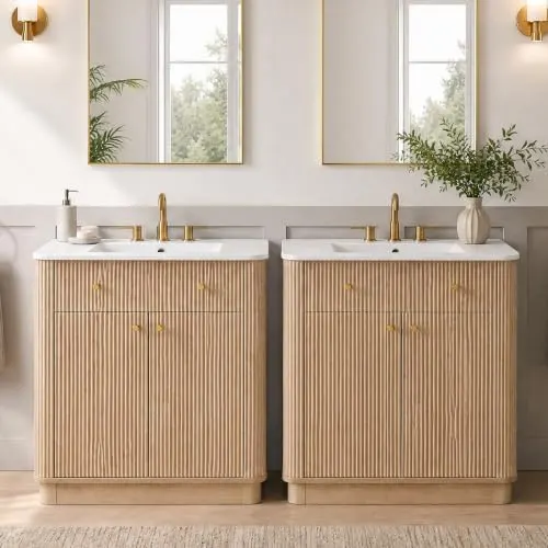 Fluted Bathroom Vanity, Single or Double Sink in Natural Oak