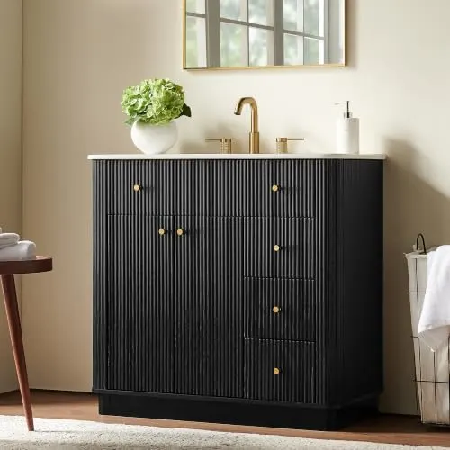 Fluted Bathroom Vanity, Single or Double Sink in Black Oak