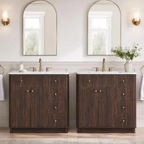 Fluted Bathroom Vanity, Single or Double Sink in Dark Walnut