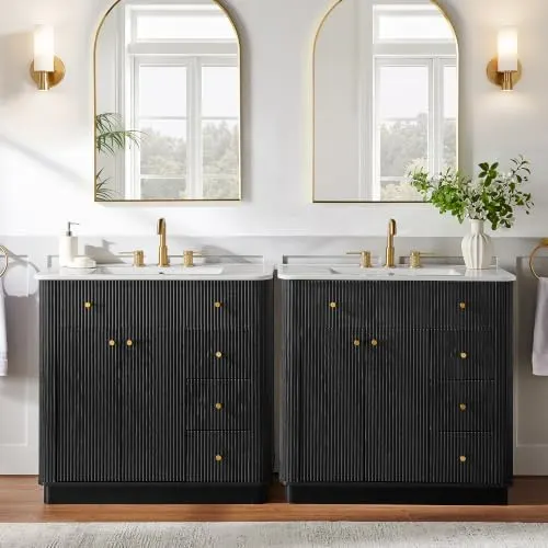 Fluted Bathroom Vanity, Single or Double Sink in Black Oak