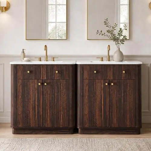 Fluted Bathroom Vanity, Single or Double Sink in Dark Walnut