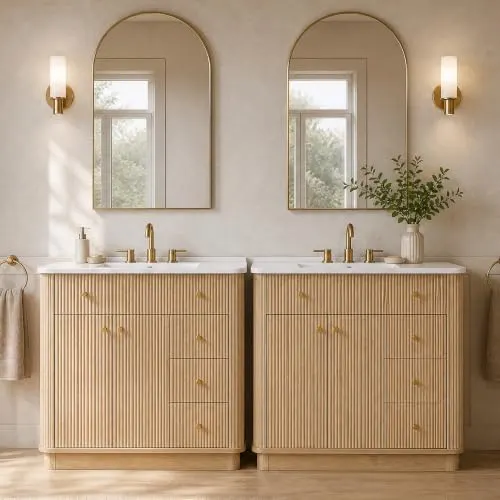 Fluted Bathroom Vanity, Single or Double Sink in Natural Oak