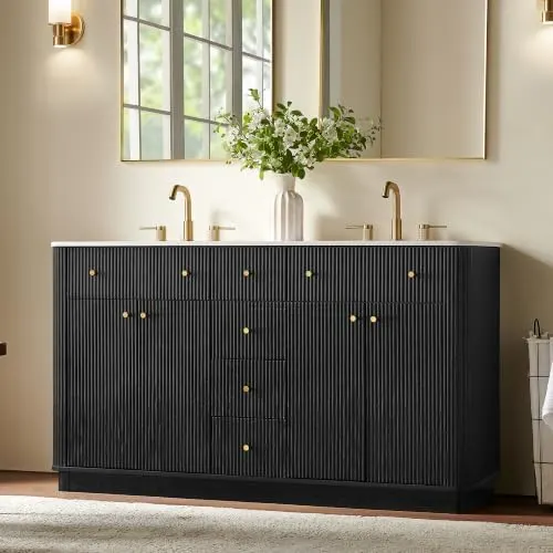 Fluted Bathroom Vanity, Single or Double Sink in Black Oak