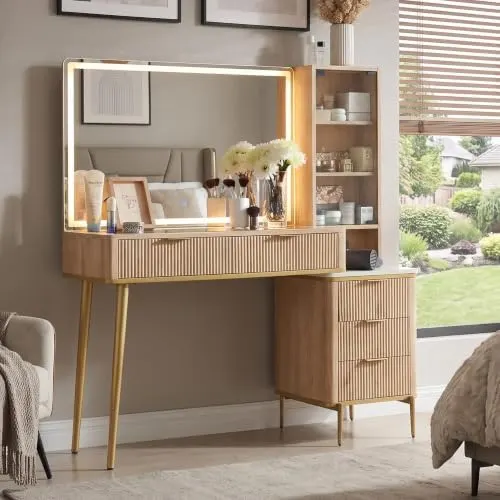 Fluted Vanity Desk with Glass-Door Cabinet in Natural Oak