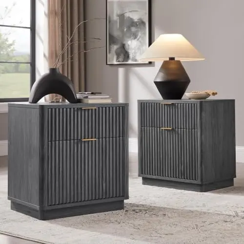 Fluted Nightstand with Charging Station, 23" in Dark Alder