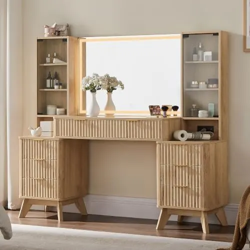 Fluted Vanity Desk with 36" Lighted Mirror in Oak