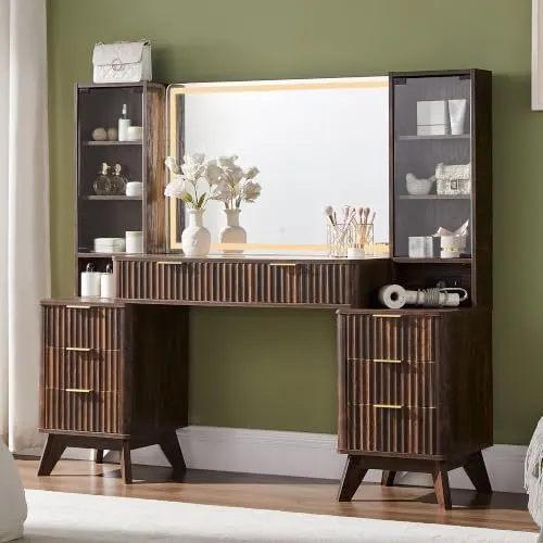 Fluted Vanity Desk with 36" Lighted Mirror in Dark Walnut
