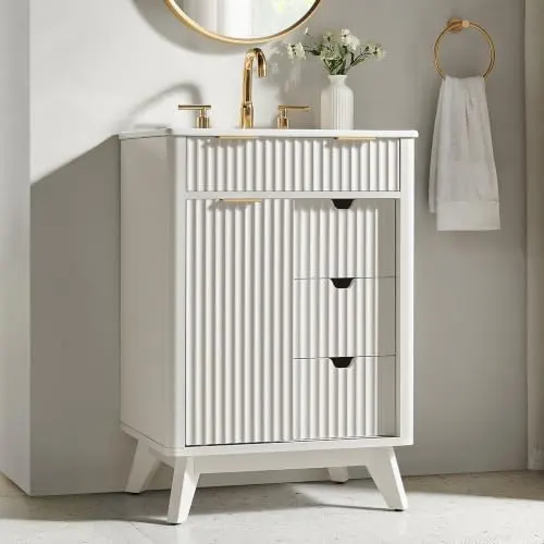 Fluted Bathroom Vanity with Ceramic Sink in White