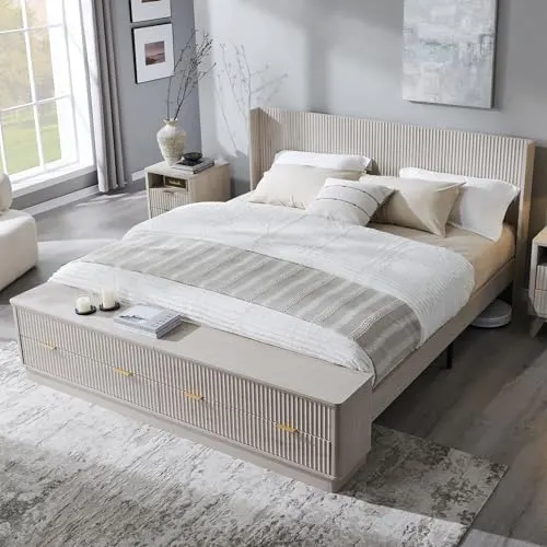 Fluted Wingback Bed with Storage Bench in White Alder